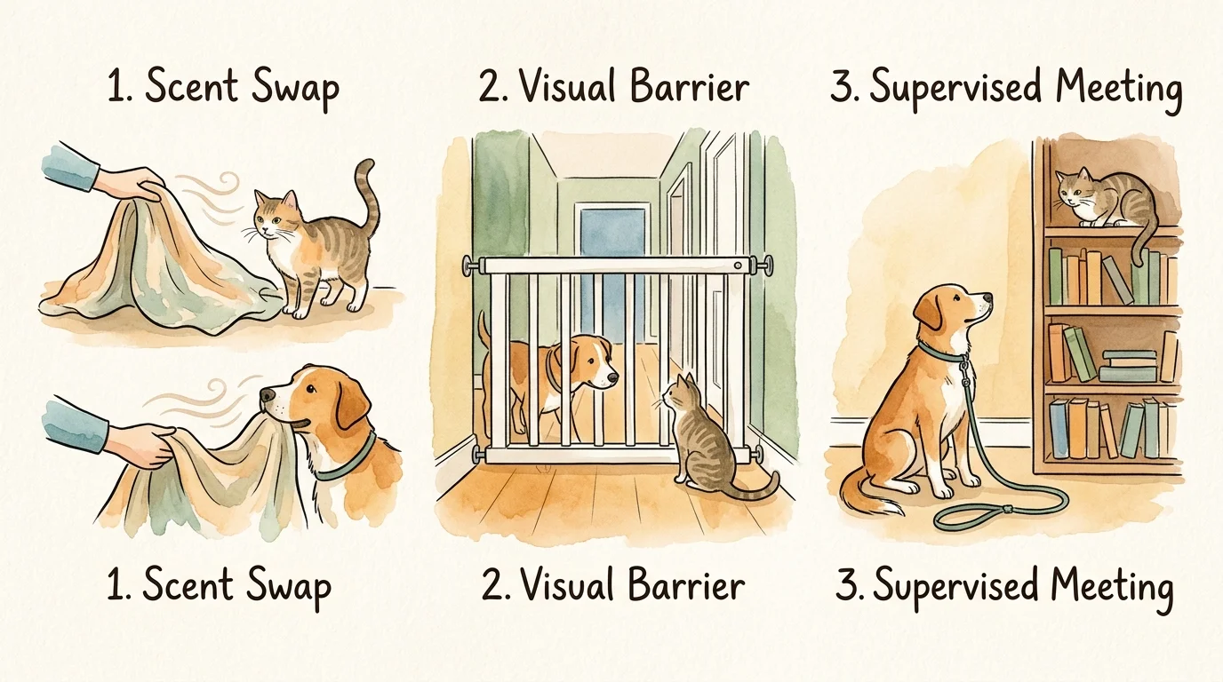 A three-panel watercolor guide illustrating the steps of scent swapping, visual barriers, and supervised meetings.