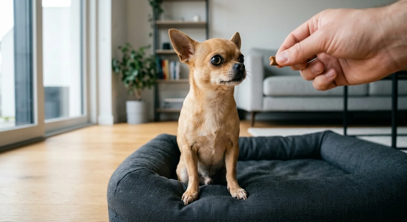 A tiny tan Chihuahua sits attentively on a modern grey dog bed, focusing intently on a training treat.