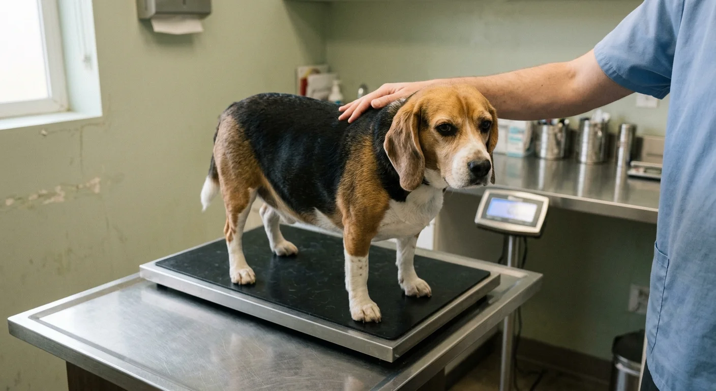 A tri-color Beagle stands gently on a metal scale at the vet clinic during a health and weight checkup.