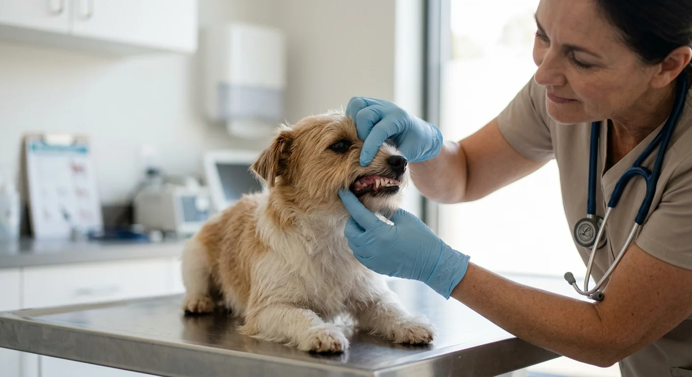 A veterinarian gently examines a small dog's mouth on a steel table in a bright, clean clinic.