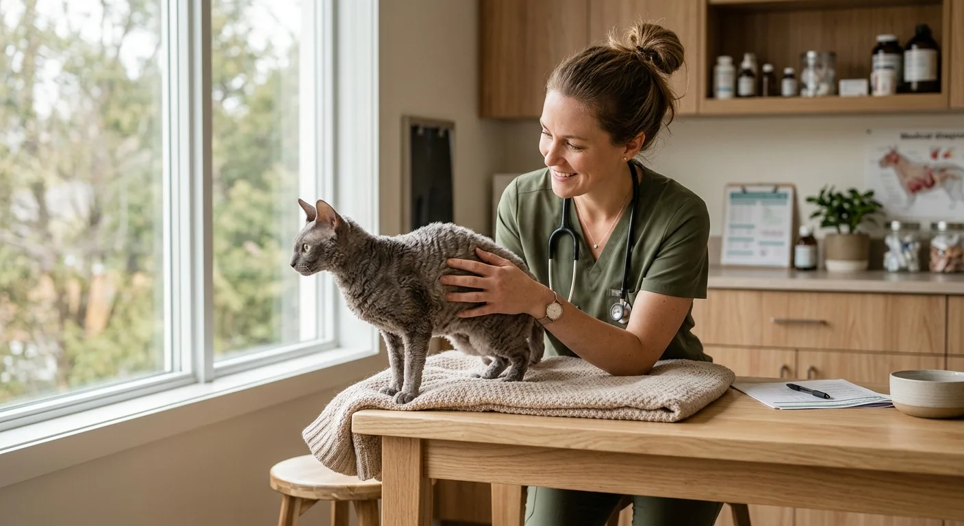 A veterinarian in green scrubs gently examining the curly coat of a calm Cornish Rex cat in a warm, sunlit exam room.