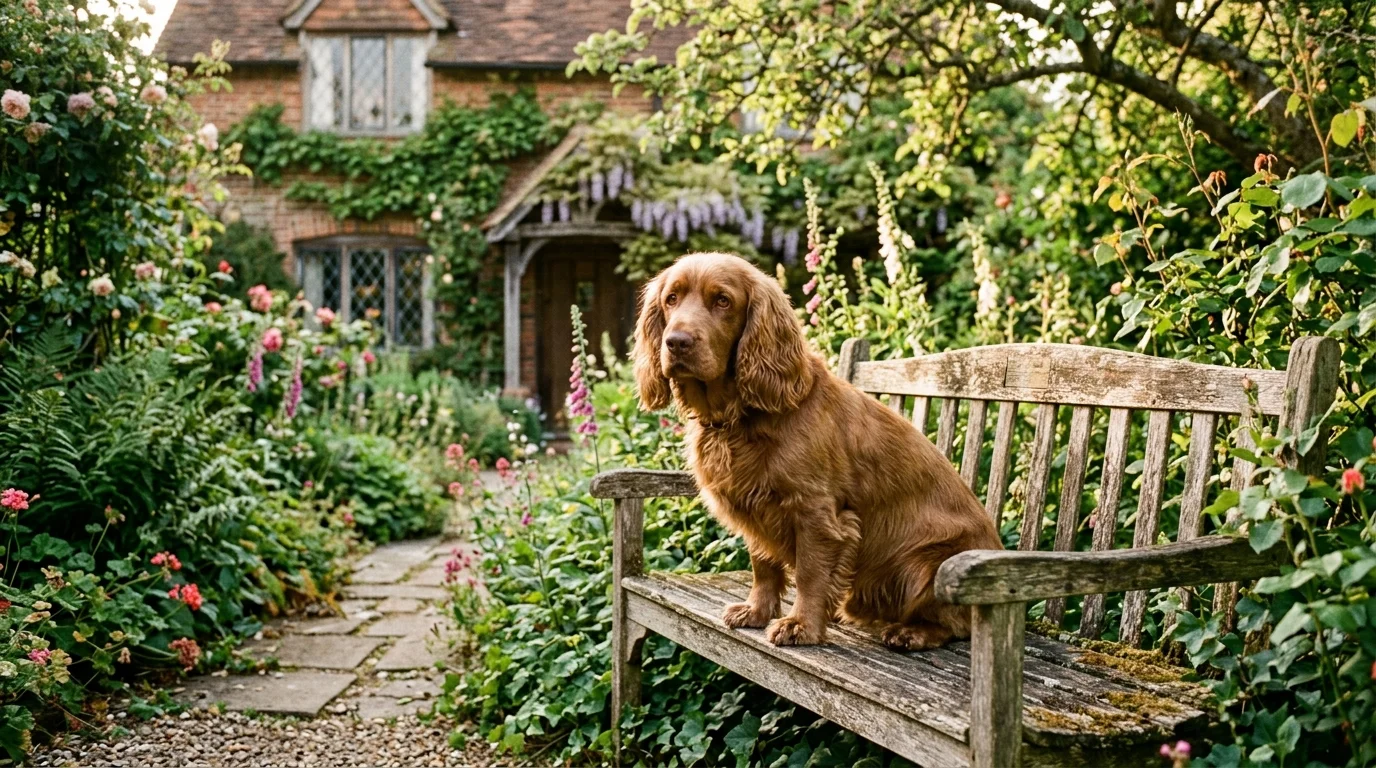 A warm 35mm film photo of a golden-liver Sussex Spaniel resting on a rustic wooden bench in an English garden.