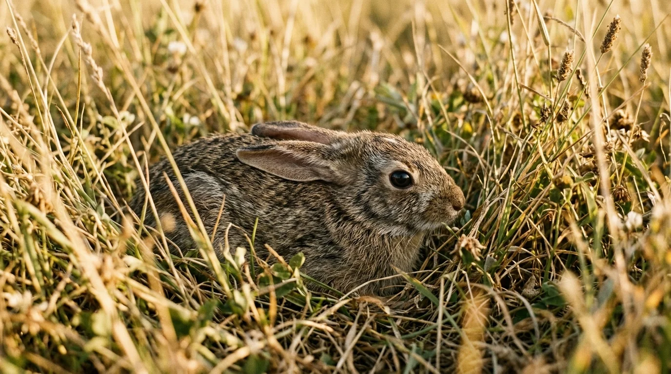 A warm 35mm photograph of a young cottontail rabbit crouching motionless and flat in tall golden grass.