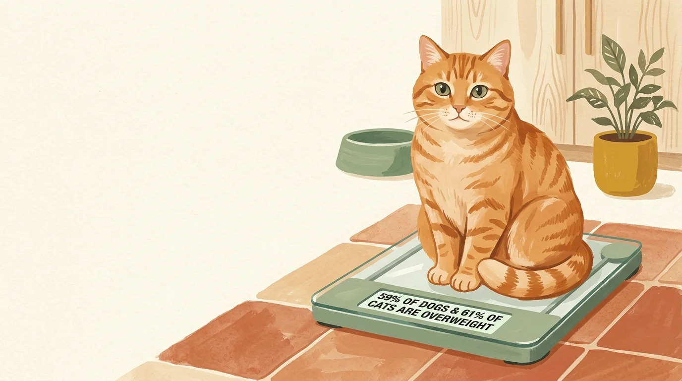 A warm gouache illustration of an orange tabby cat sitting on a digital scale showing pet obesity statistics.