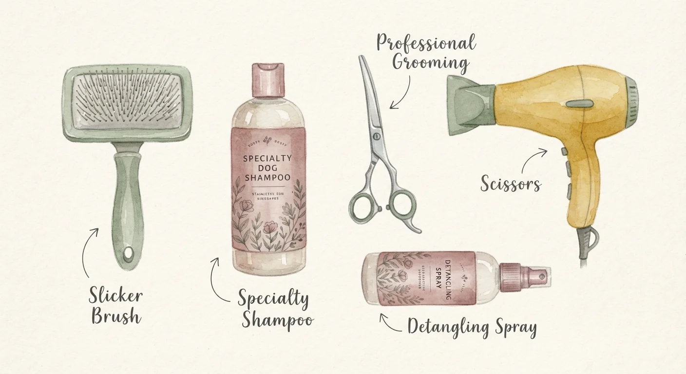 A watercolor flat-lay infographic of dog grooming tools with hand-lettered labels like 'Specialty Shampoo' and 'Slicker Brush'.