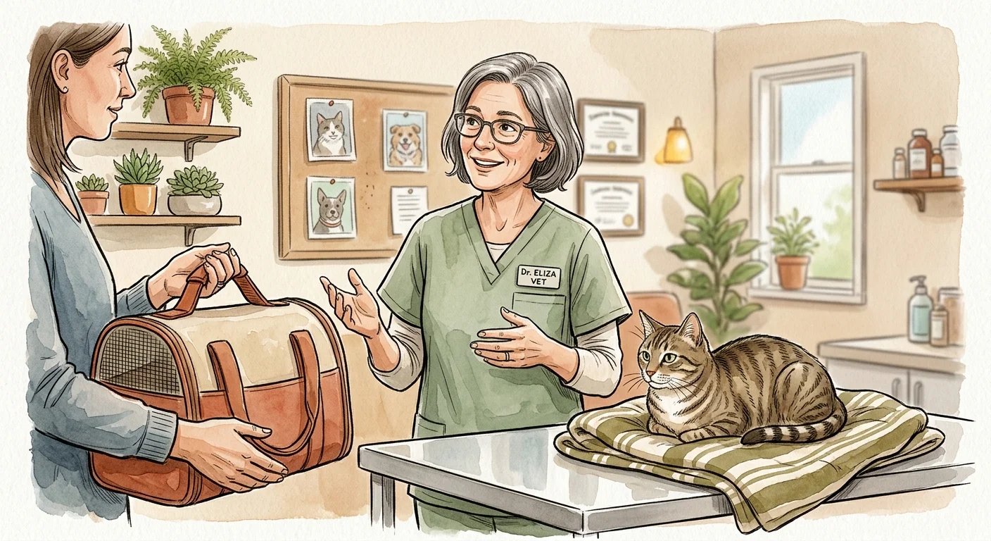 A watercolor illustration of a friendly veterinarian consulting with a pet owner in a warm, welcoming clinic environment.