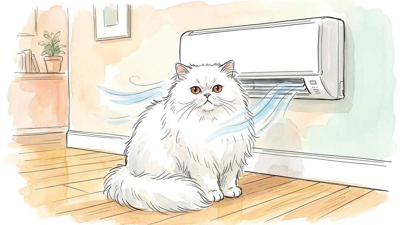 A watercolor illustration of a white Persian cat enjoying the cool air blowing from an indoor air conditioner unit.