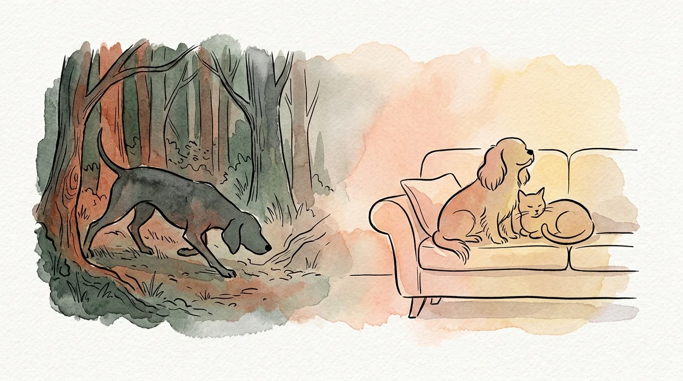 A watercolor illustration showing a hunting dog on the left and a companion dog next to a cat on the right.