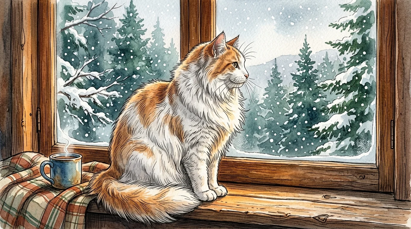 A watercolor painting of a fluffy white and ginger Norwegian Forest Cat looking out a window at a snowy winter scene.