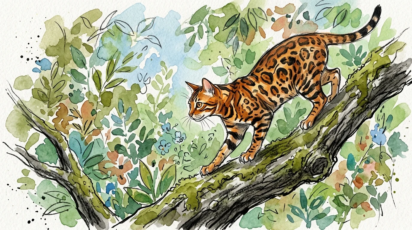 A watercolor painting of a sleek Bengal cat with spotted fur climbing a green mossy tree branch.