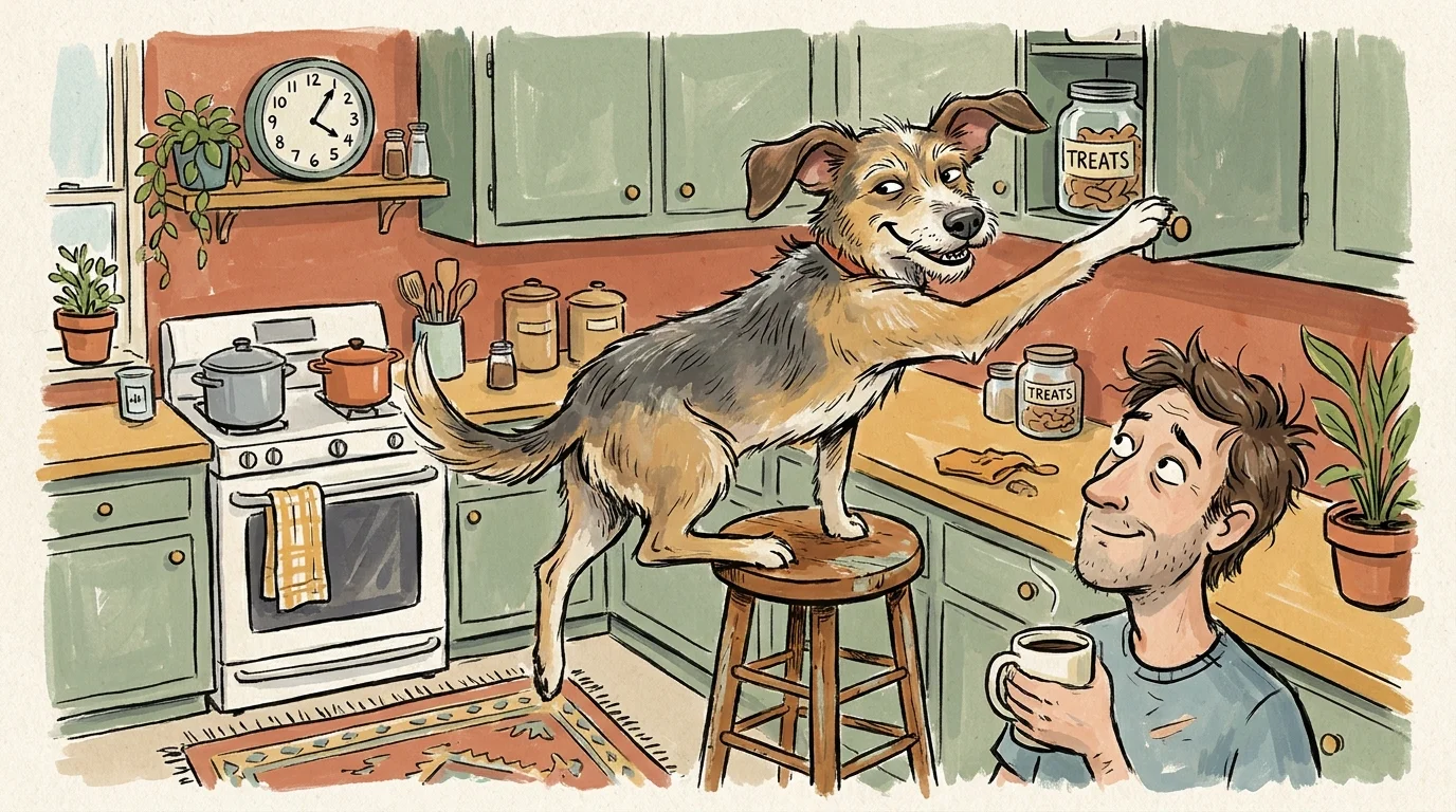 A whimsical illustration of a clever dog standing on a stool to open a kitchen cabinet for treats.