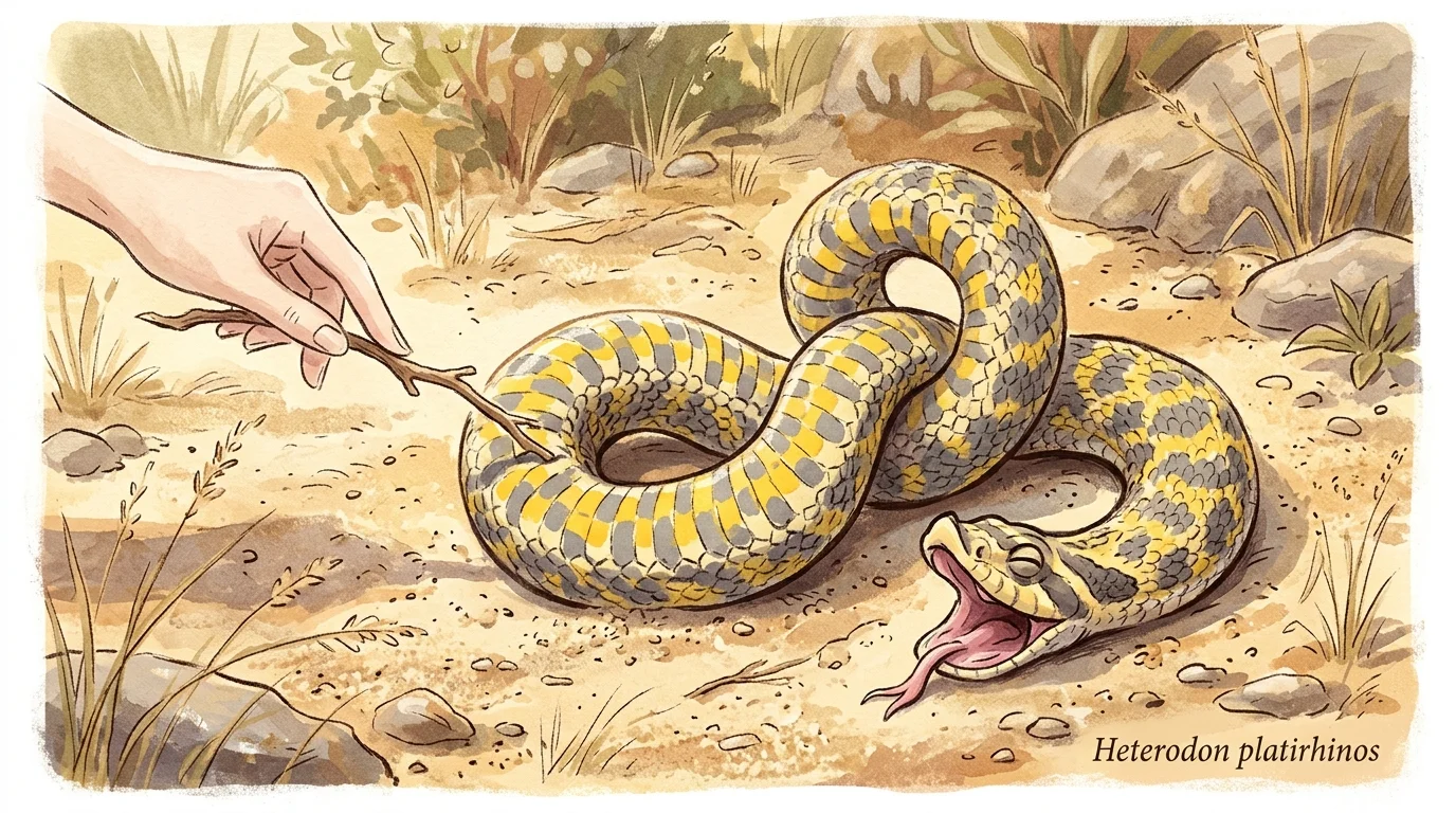 A whimsical illustration of an eastern hognose snake flipped on its back with its mouth open, dramatically playing dead.