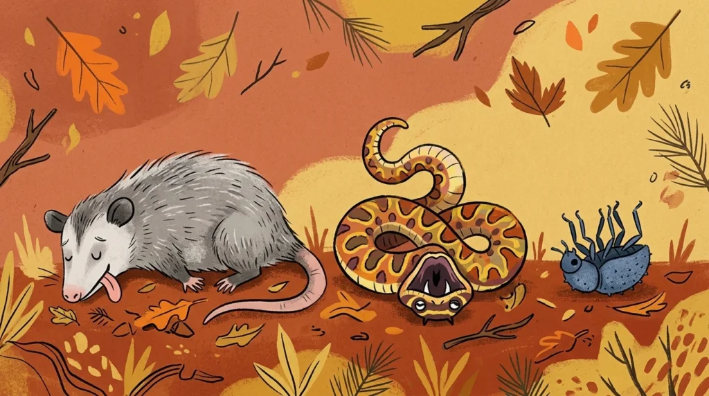 A whimsical illustration of an opossum, a snake, and a blue beetle playing dead against a warm, stylized background.