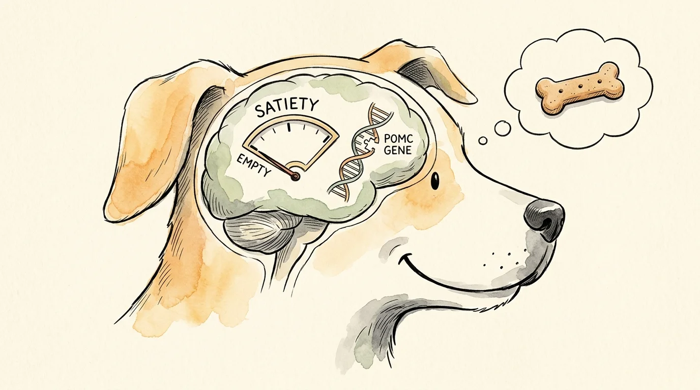 A whimsical ink and watercolor illustration showing a dog's brain with a satiety gauge pointing to empty and a mutated POMC gene.