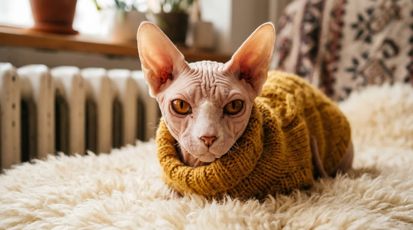 A wrinkled, hairless Sphynx cat wearing a yellow knit sweater while resting on a fluffy cream sheepskin rug.