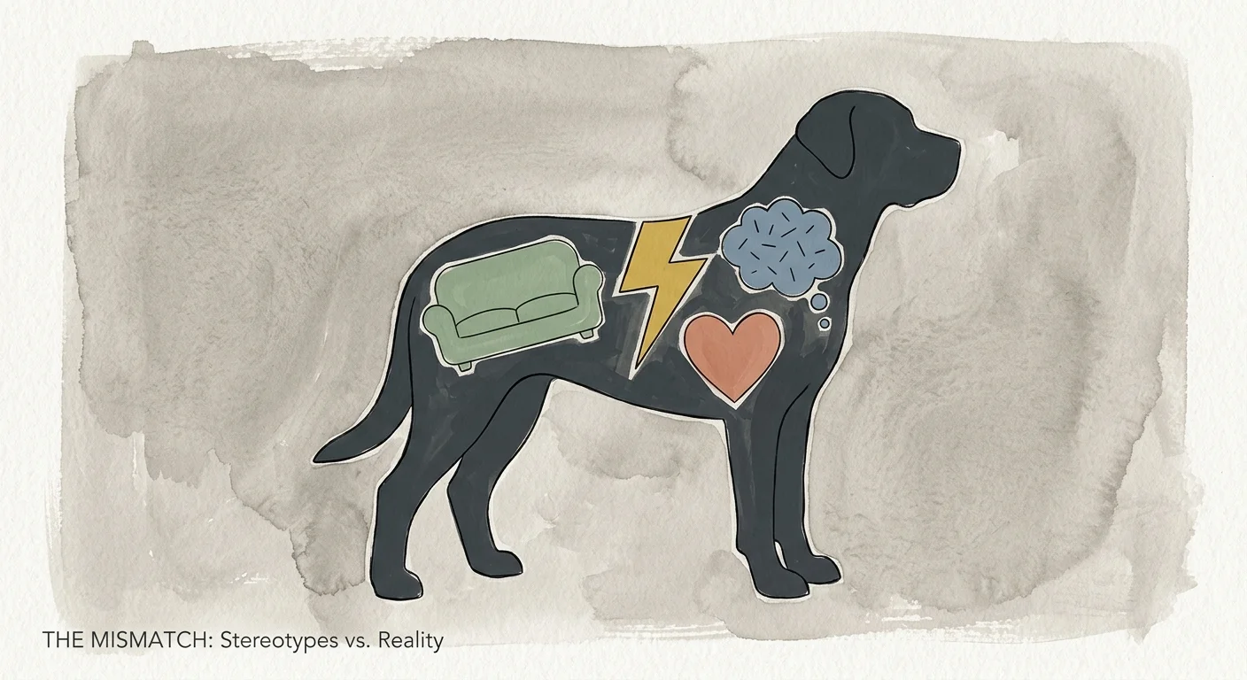 An abstract editorial illustration of a dog silhouette filled with misaligned puzzle pieces representing conflicting traits.