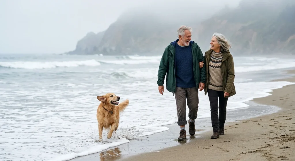 An active retired couple walks their off-leash Golden Retriever along a misty coastal beach during a cool morning.