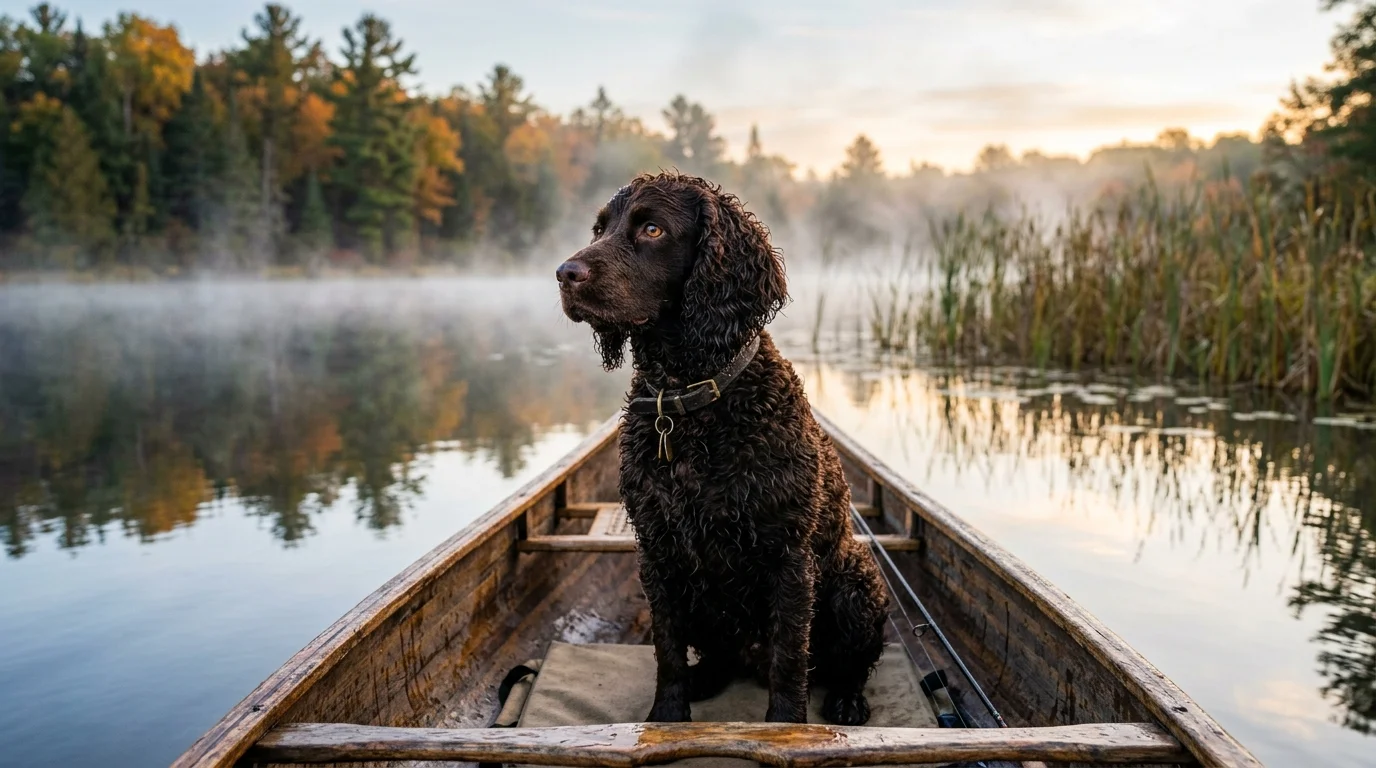 An American Water Spaniel with a curly brown coat sits in a wooden canoe on a misty lake at sunrise.