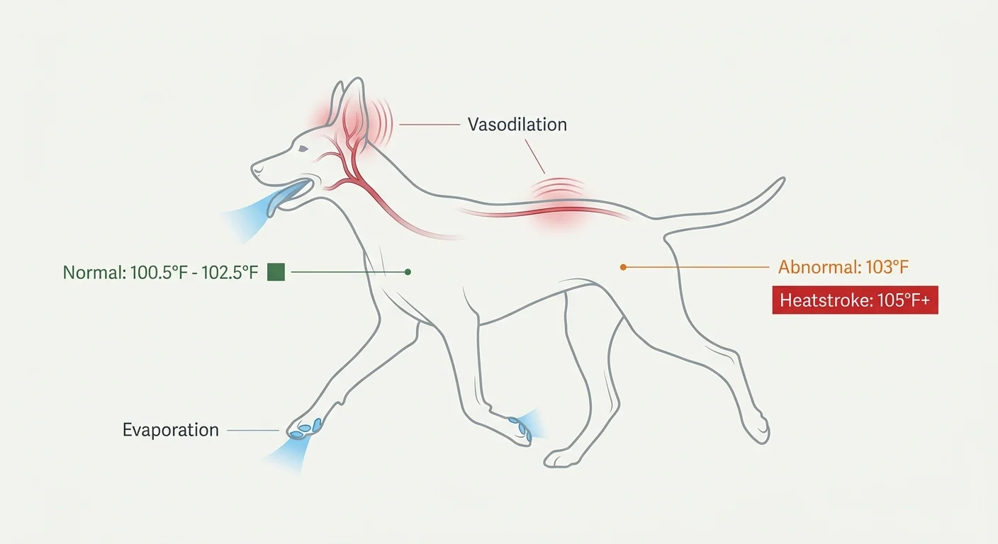 An anatomical diagram of a dog showing how panting and vasodilation regulate heat, with key temperature zones labeled.