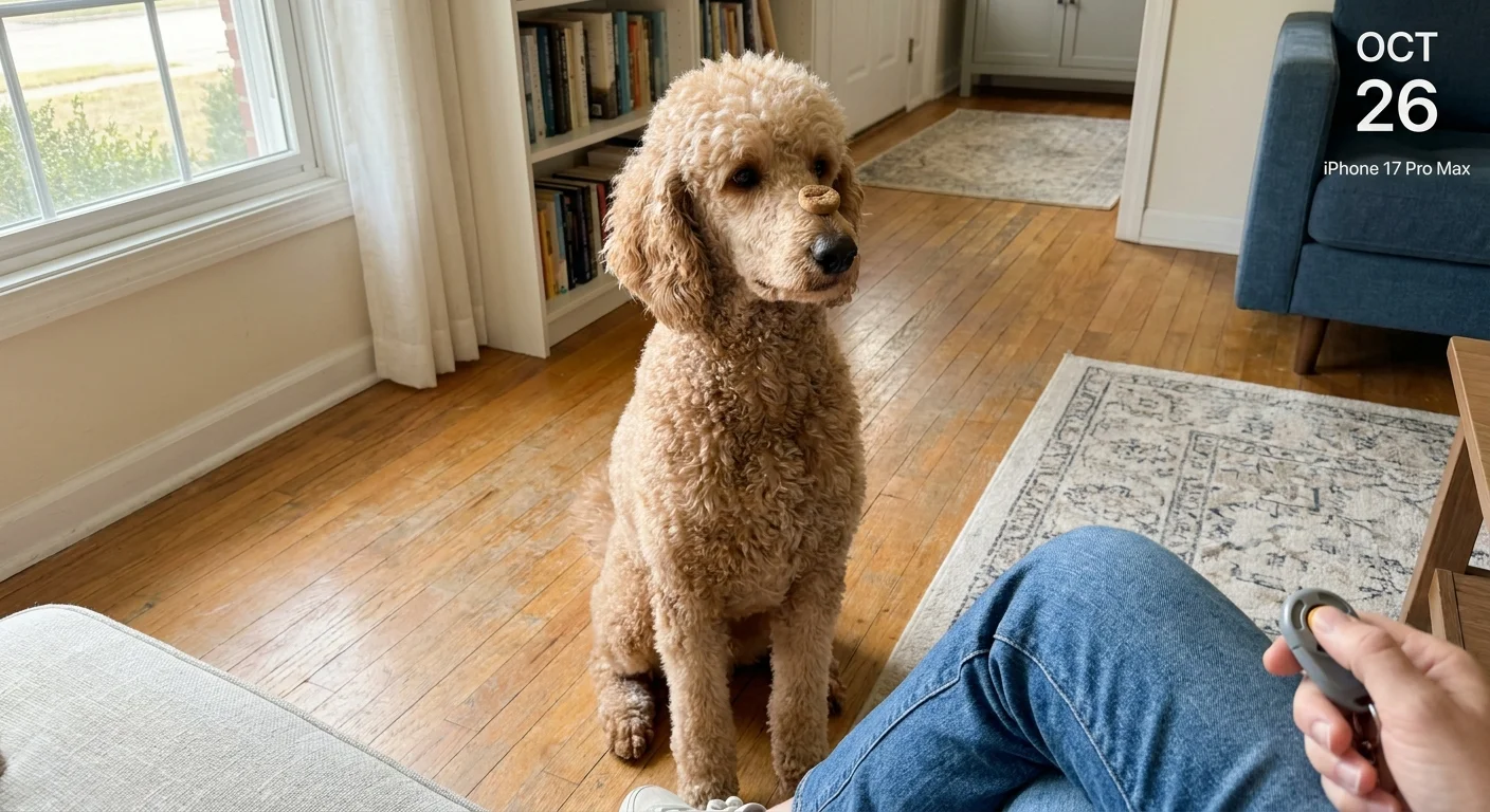 An apricot-colored Poodle sits on a wooden floor, balancing a treat on its nose during a training session.