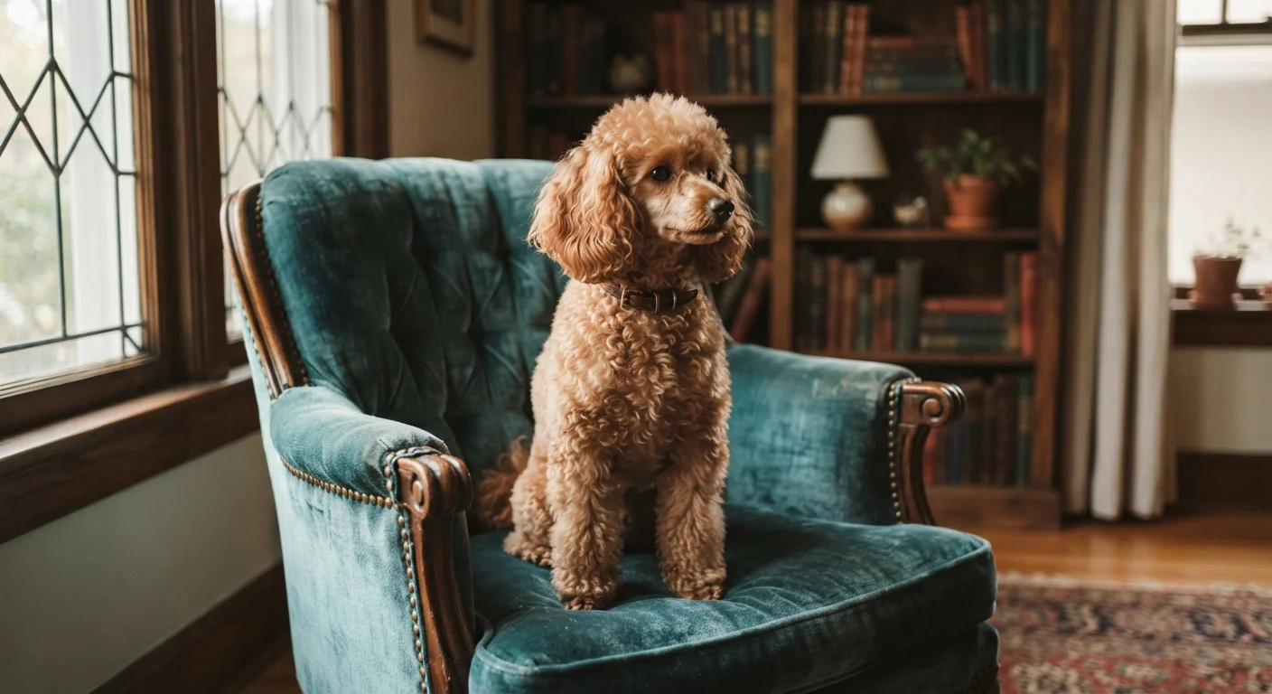 An apricot Miniature Poodle sitting regally on a teal velvet armchair in a cozy home library.