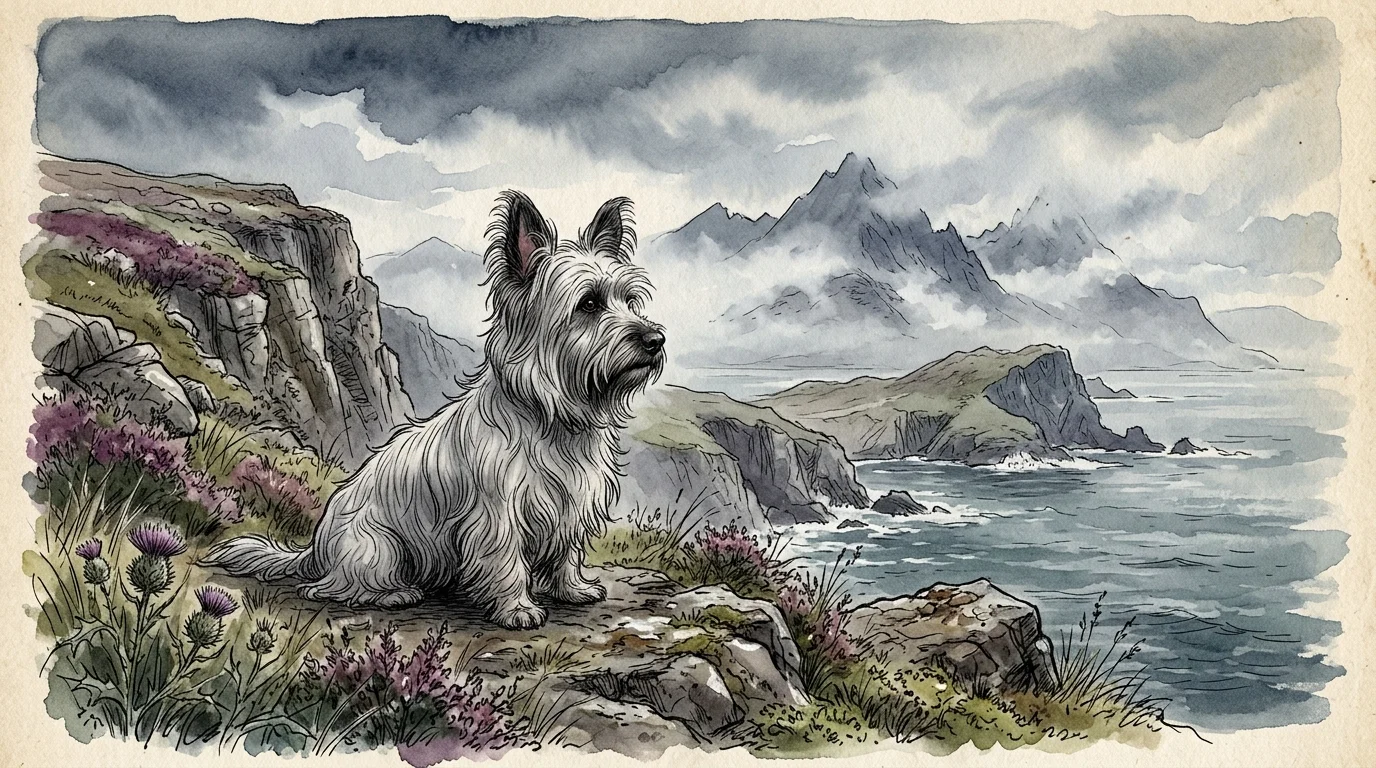 An artistic watercolor illustration of a long-coated Skye Terrier sitting on a misty Scottish cliffside.