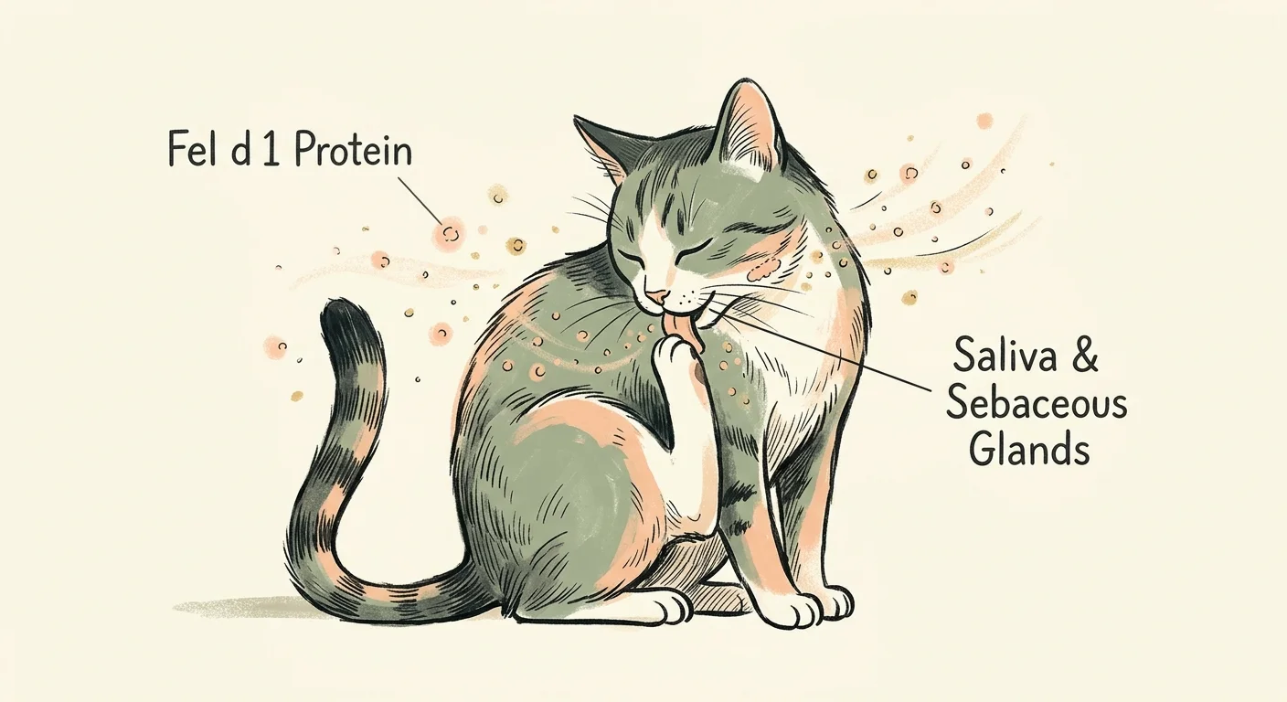 An editorial gouache illustration showing how the Fel d 1 protein transfers from a grooming cat into the air.