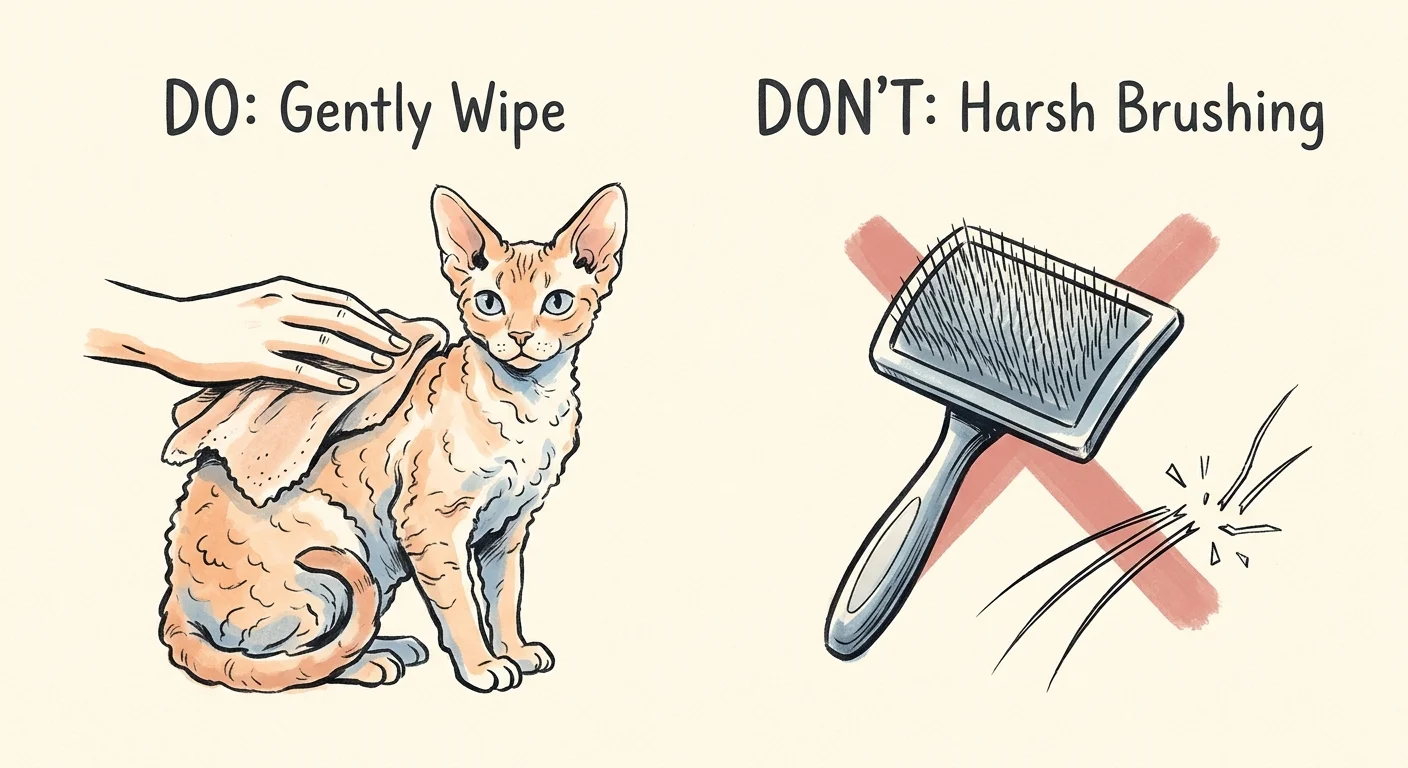 An editorial illustration comparing the safe use of a damp cloth versus a harsh wire brush on delicate curly-coated cats.