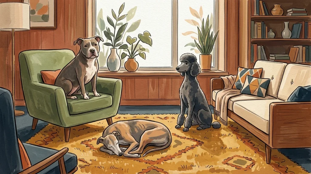 An editorial illustration of a Pit Bull, a sleeping Greyhound, and a Standard Poodle relaxing together in a cozy mid-century living room.