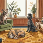 An editorial illustration of a Pit Bull, a sleeping Greyhound, and a Standard Poodle relaxing together in a cozy mid-century living room.