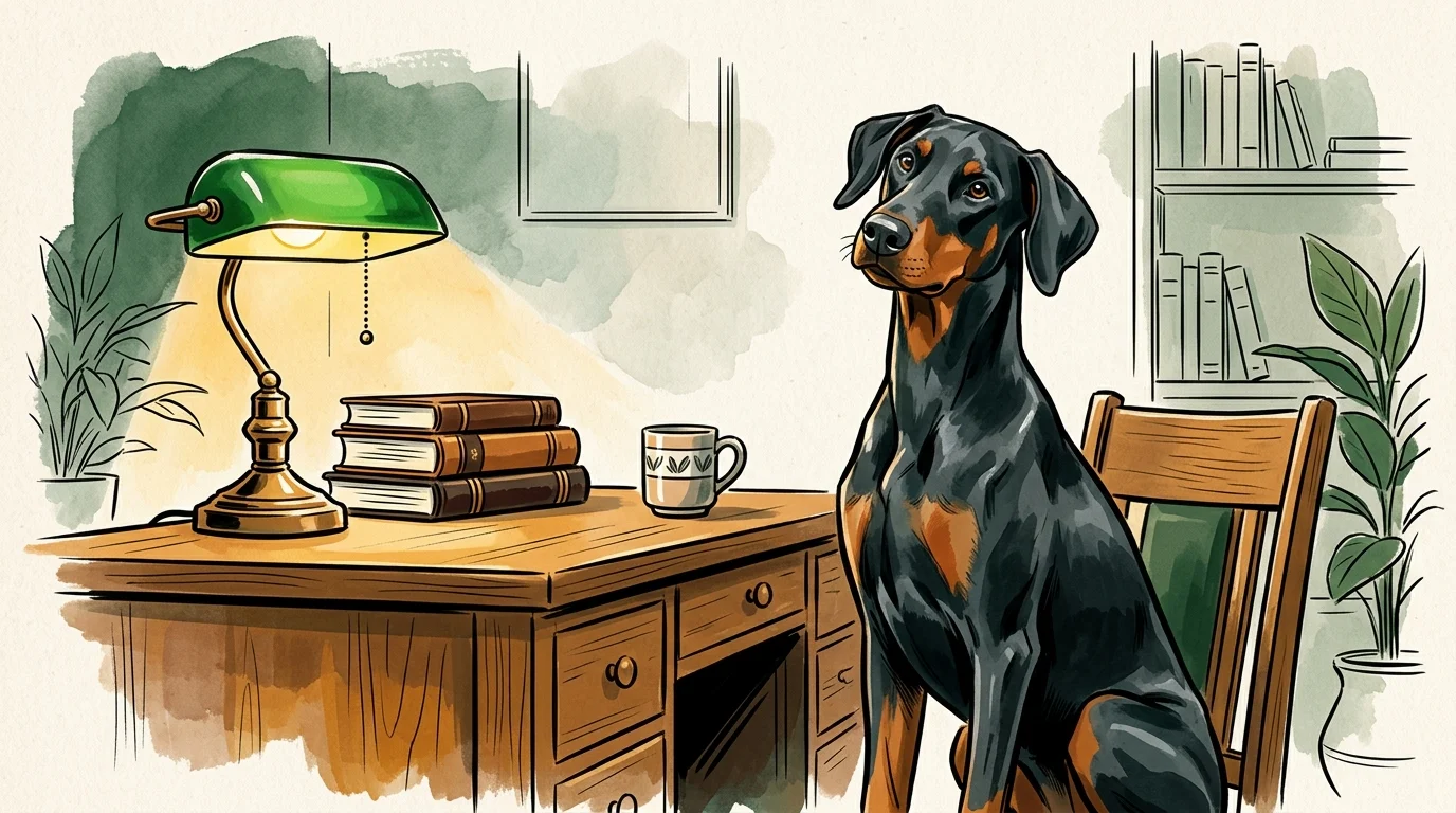 An editorial illustration of an elegant Doberman Pinscher with floppy ears sitting intelligently next to a cozy study desk.