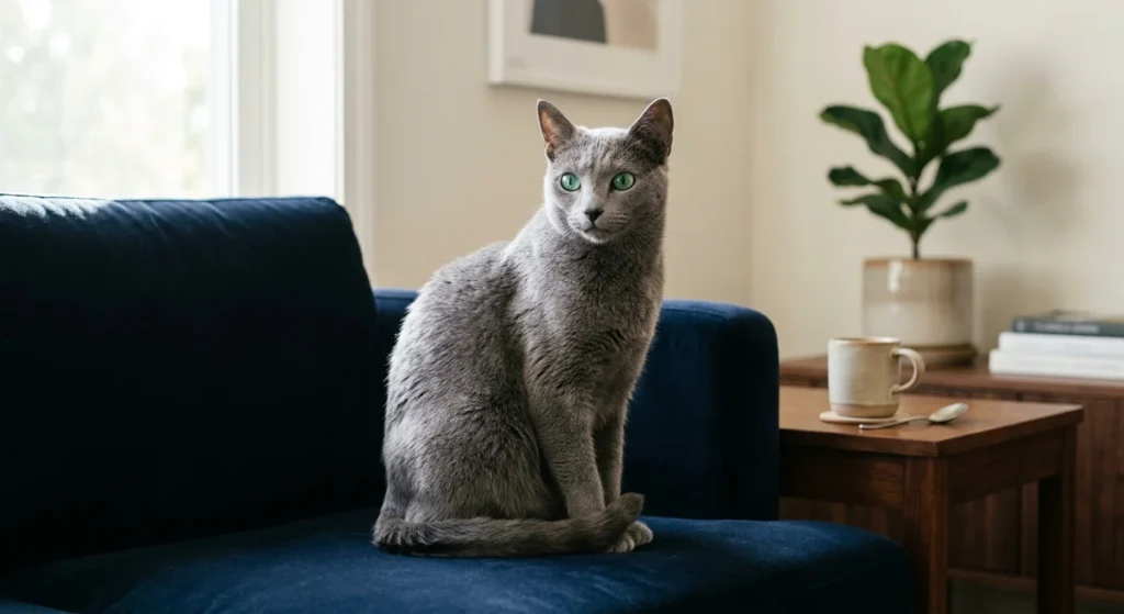 An elegant Russian Blue cat sitting on a clean, hair-free navy blue velvet sofa in a sunlit living room.