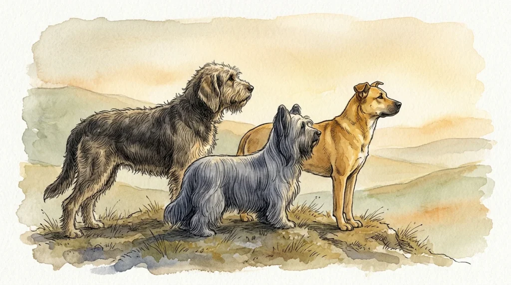 An elegant watercolor and ink illustration of three rare dog breeds standing together, looking towards a golden horizon.