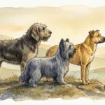 An elegant watercolor and ink illustration of three rare dog breeds standing together, looking towards a golden horizon.