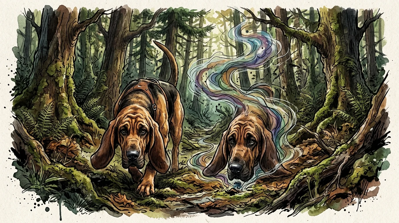 An expressive watercolor illustration of a Bloodhound tracking an invisible scent trail through a green forest.