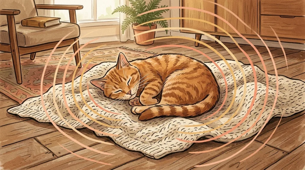 An illustration of a ginger cat sleeping on a blanket, with warm acoustic waves radiating from its body to symbolize a healing purr.