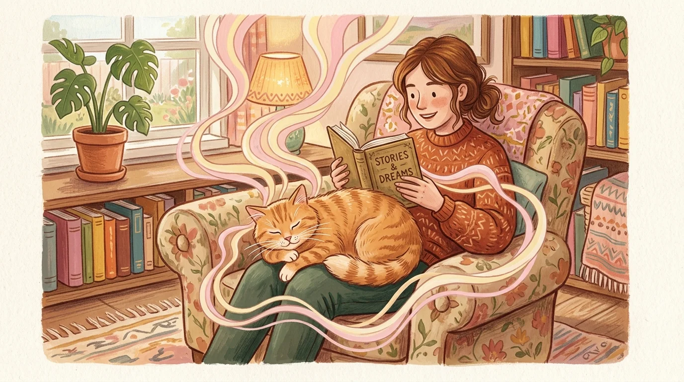 An illustration of a person reading in a chair with a ginger cat on their lap, surrounded by cozy, radiating purr waves.