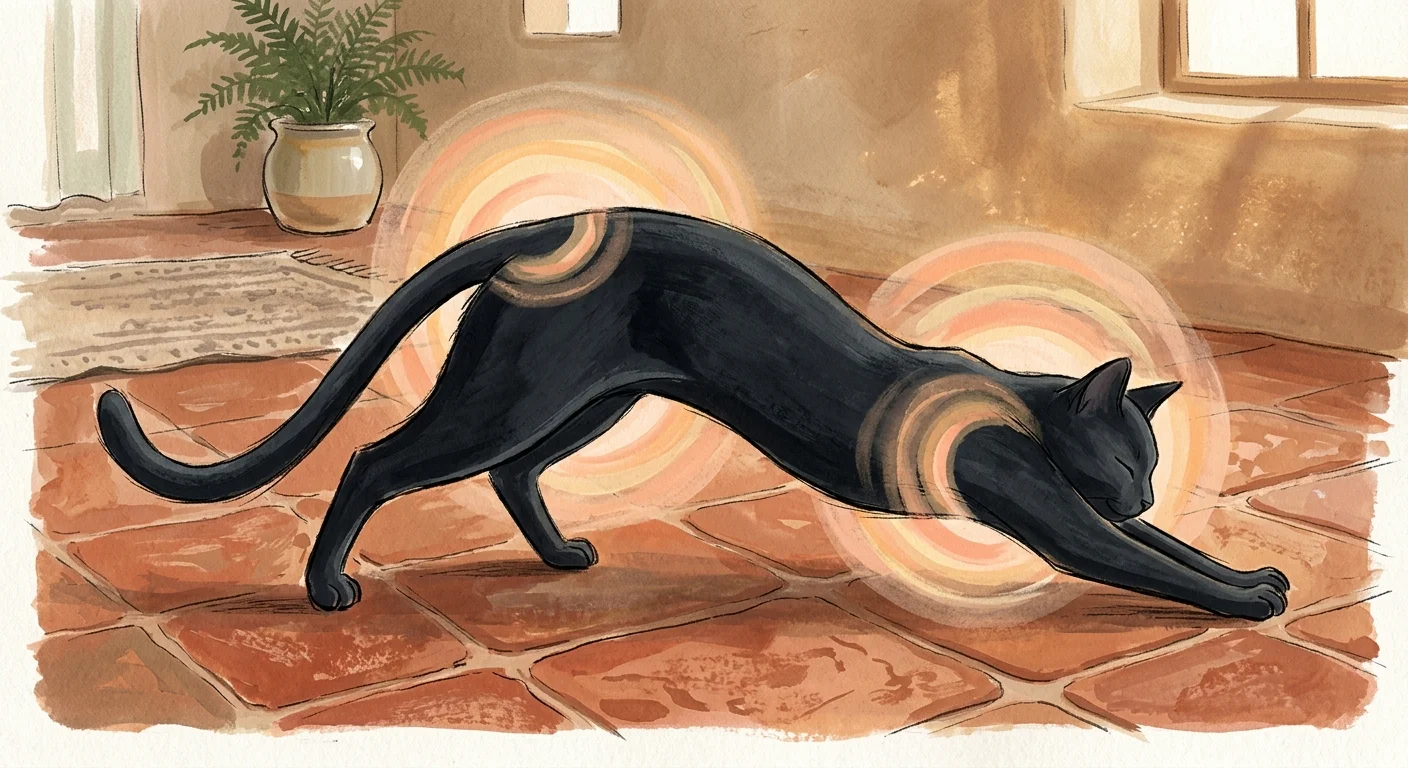An illustration of a stretching black cat with warm glowing rings around its joints, representing flexibility and soft tissue repair.