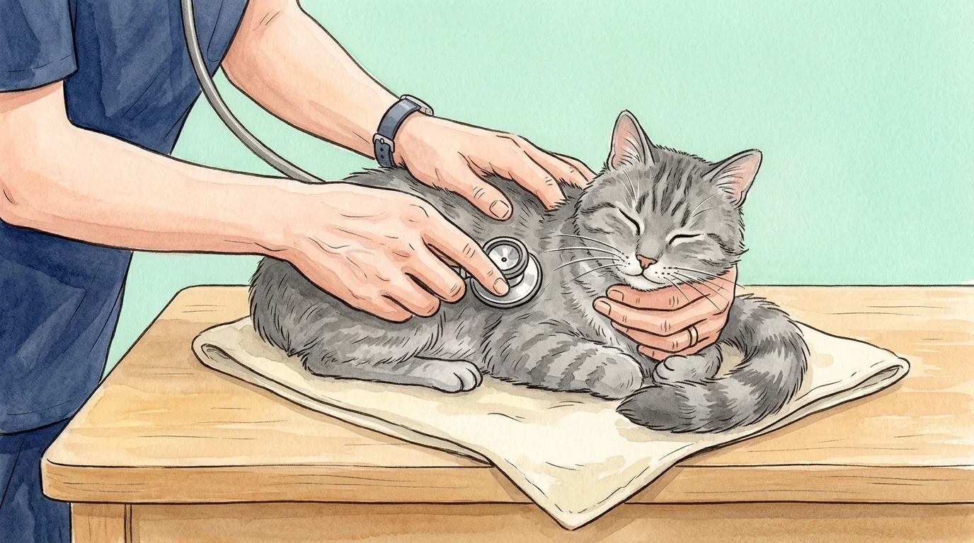 An illustration of a veterinarian's hands gently using a stethoscope on a calm grey cat in a warm, friendly style.