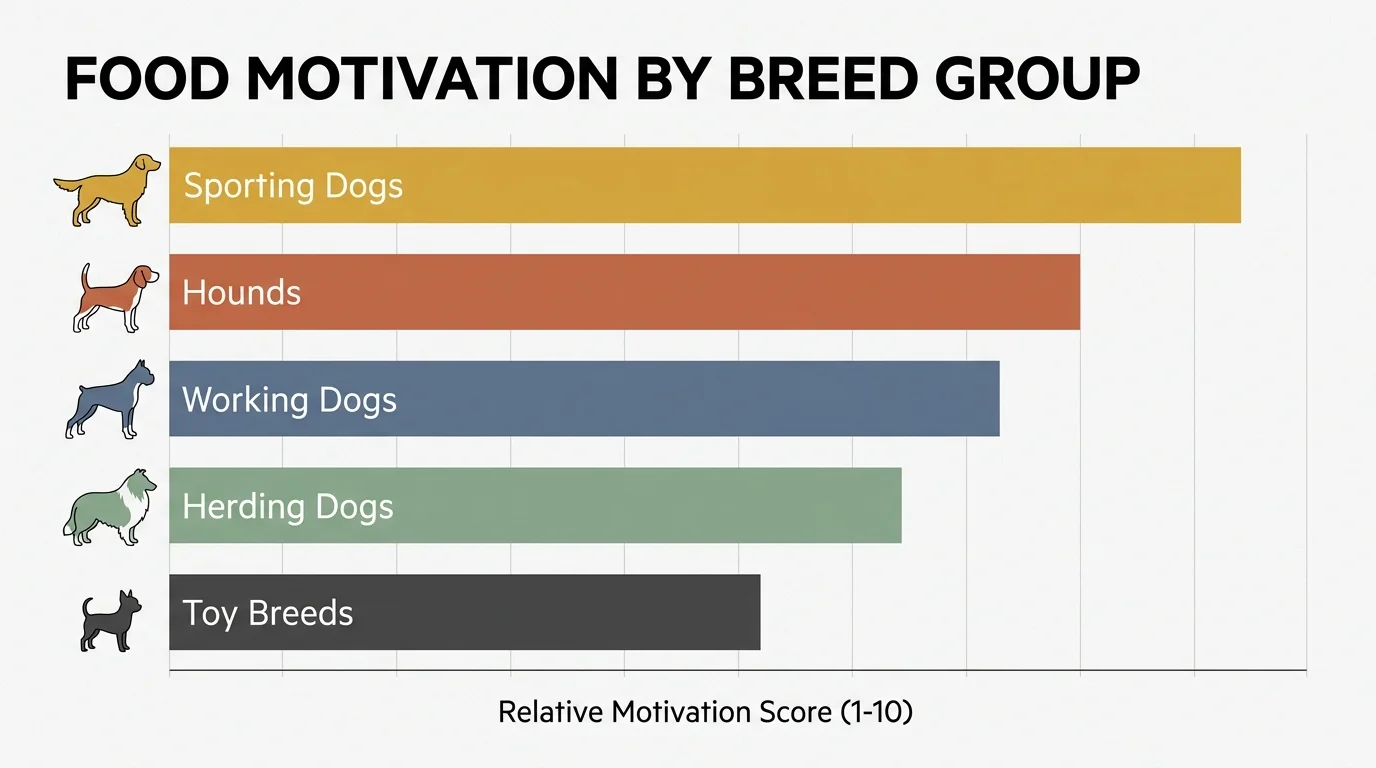 An infographic chart displaying food motivation levels across different dog breed groups like sporting dogs and hounds.