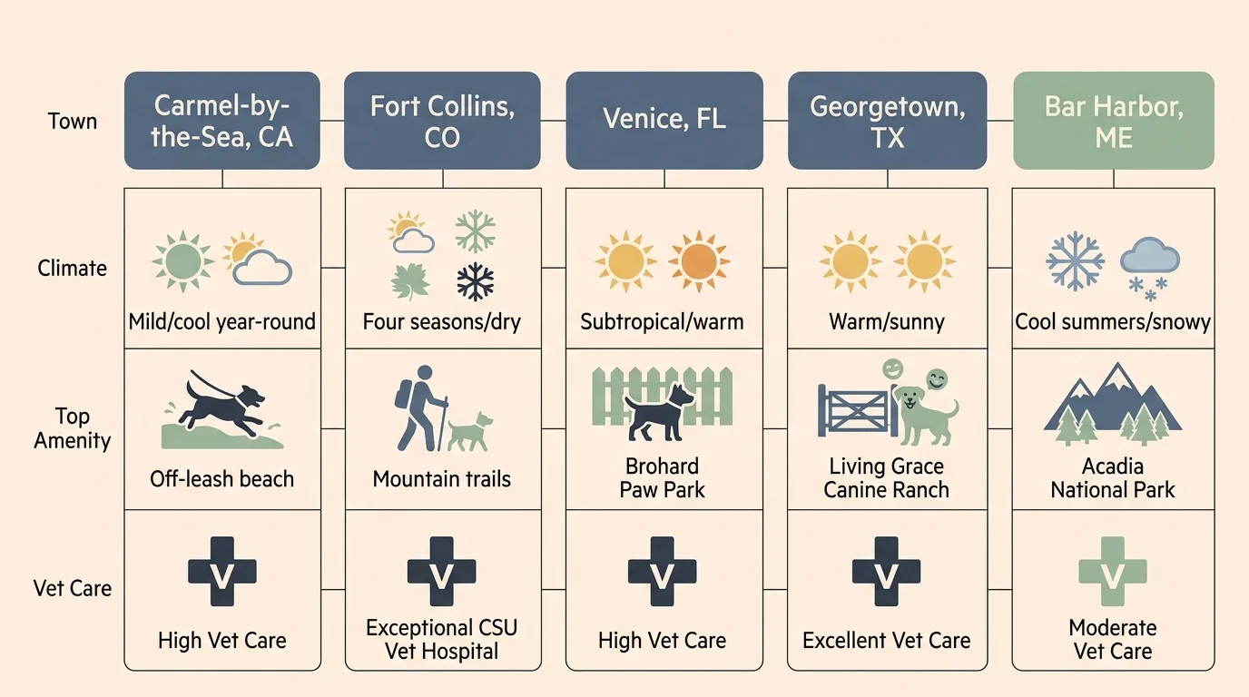 An infographic comparing pet-friendly retirement destinations like Carmel, Fort Collins, and Venice across key amenities.