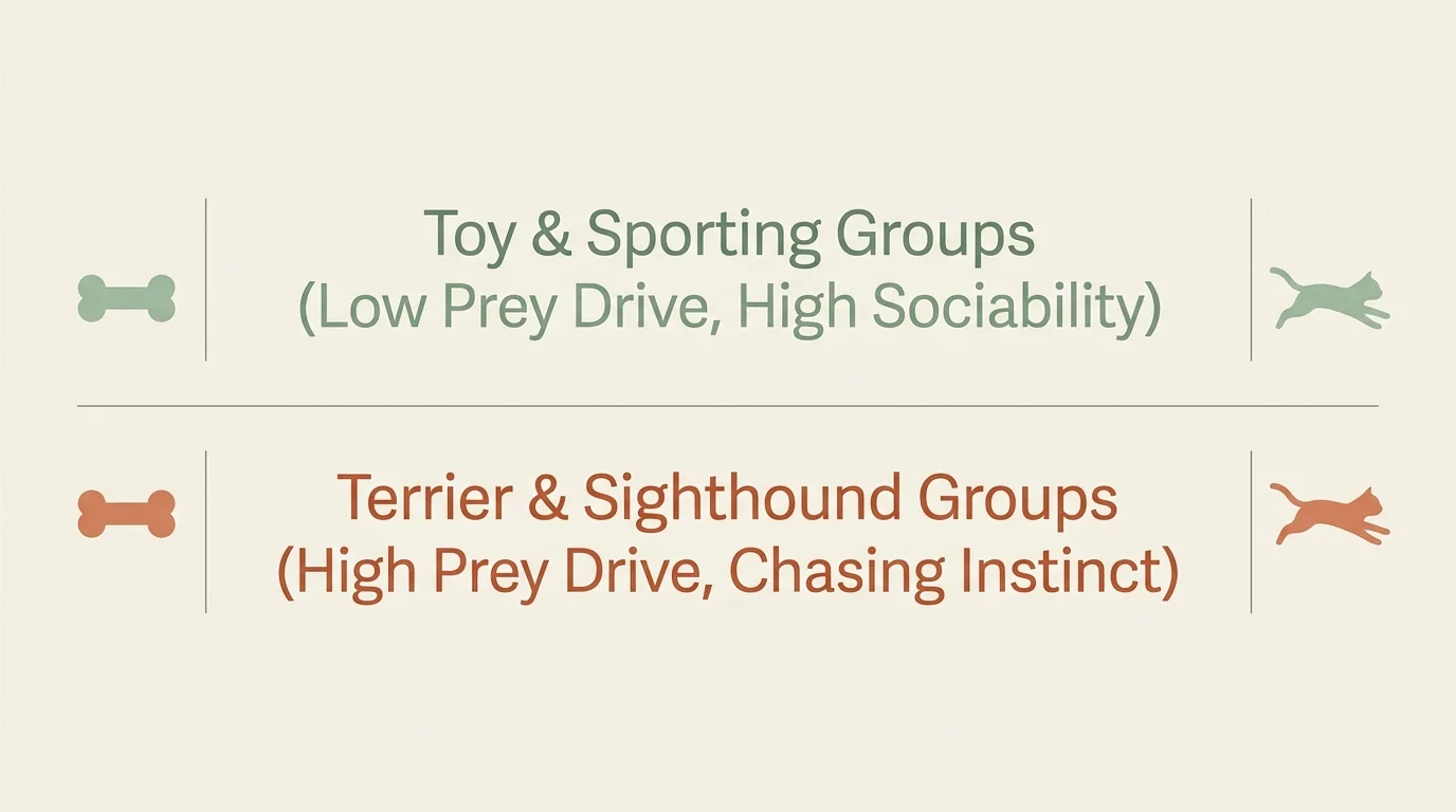 An infographic comparing the low prey drive of Toy and Sporting groups against the high prey drive of Terriers.
