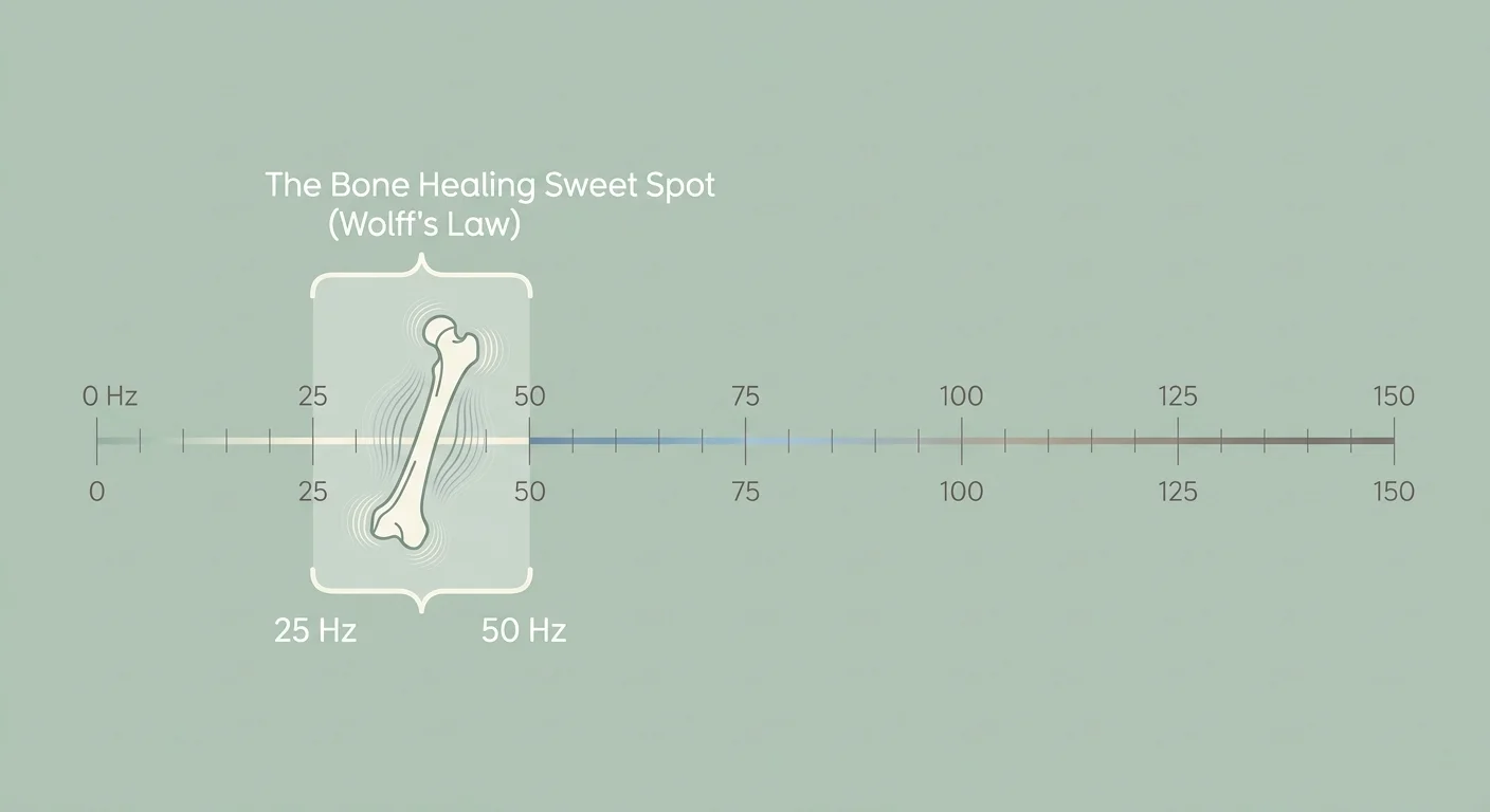 An infographic showing a frequency scale with the 25 to 50 Hertz range highlighted as the sweet spot for bone healing.