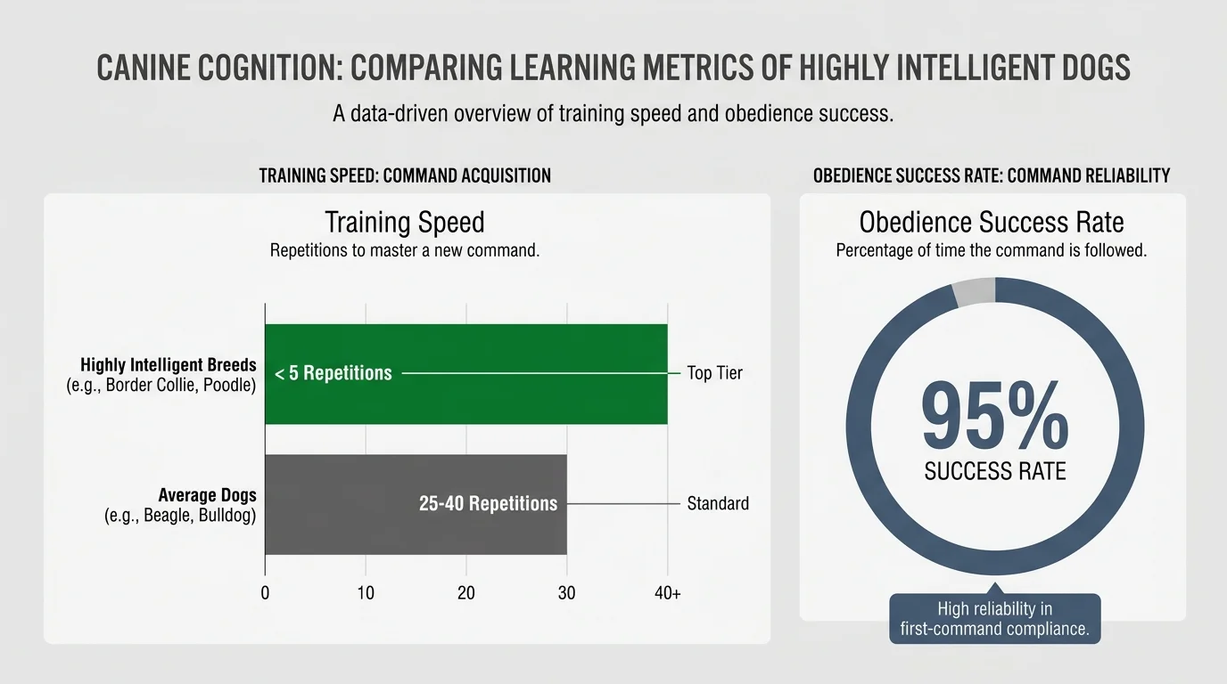 An infographic showing that smart breeds learn in under 5 repetitions and have a 95% first-command obedience rate.