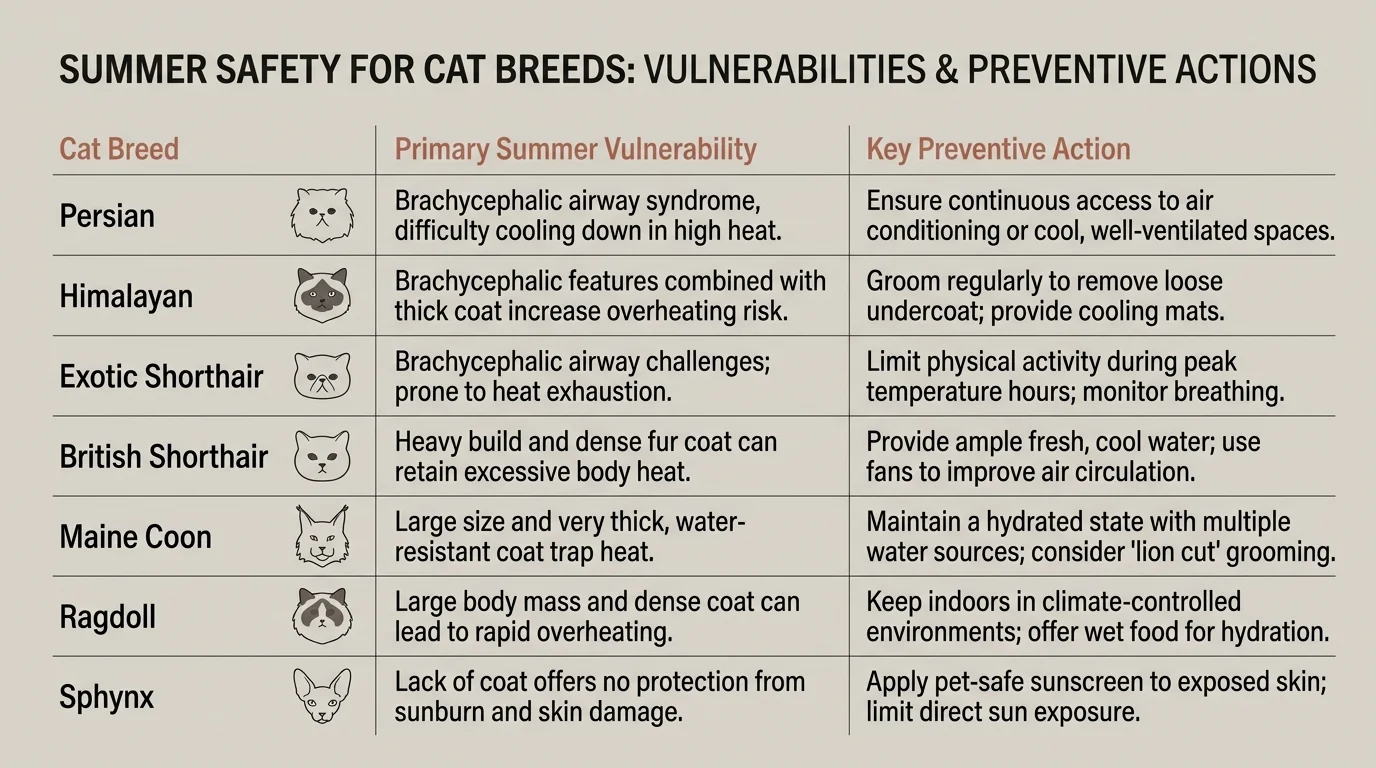 An infographic table listing heat vulnerabilities and key preventive steps for seven specific cat breeds.