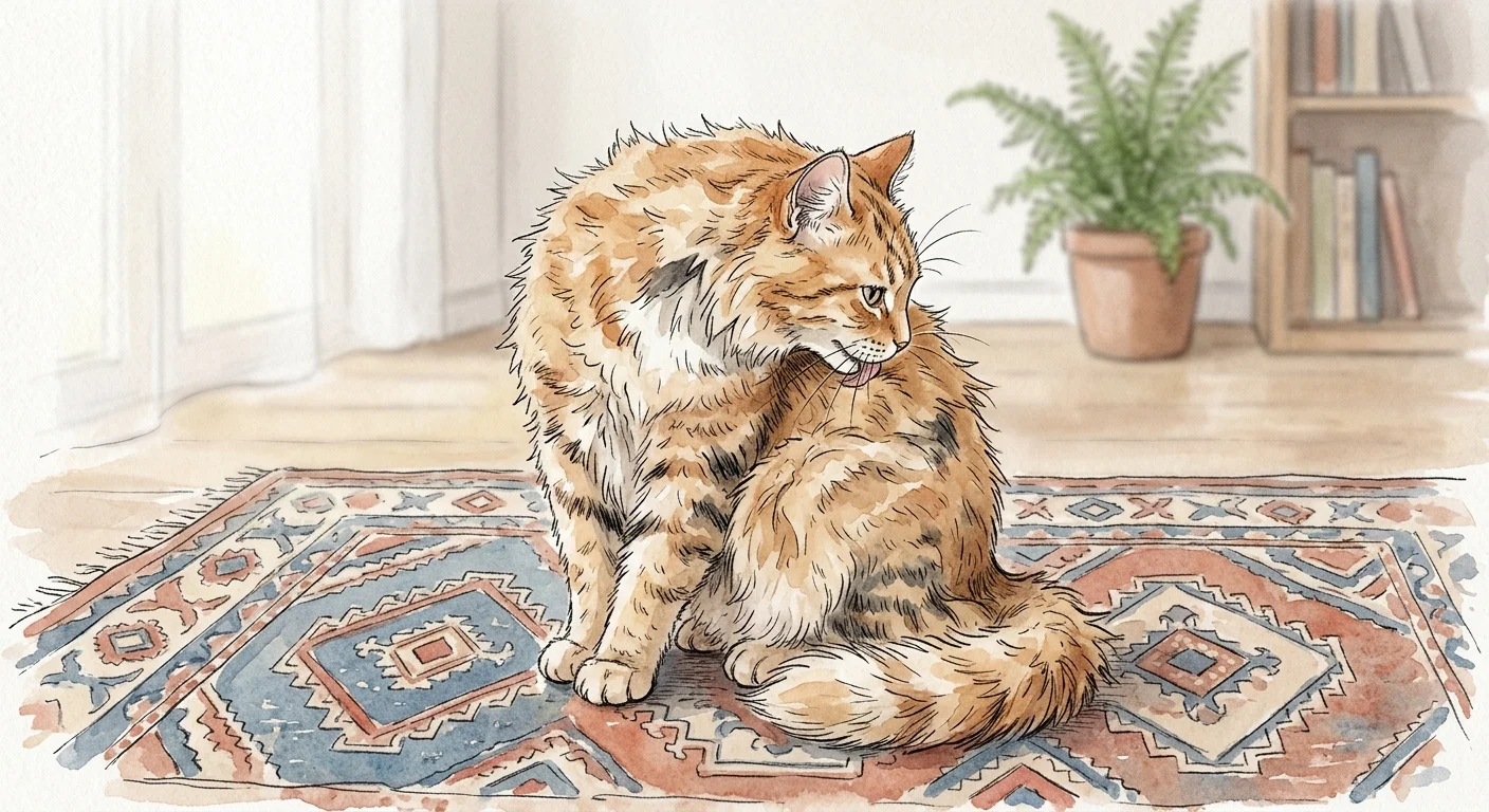 An ink and watercolor illustration of a ginger cat grooming its slightly messy and unkempt fur.