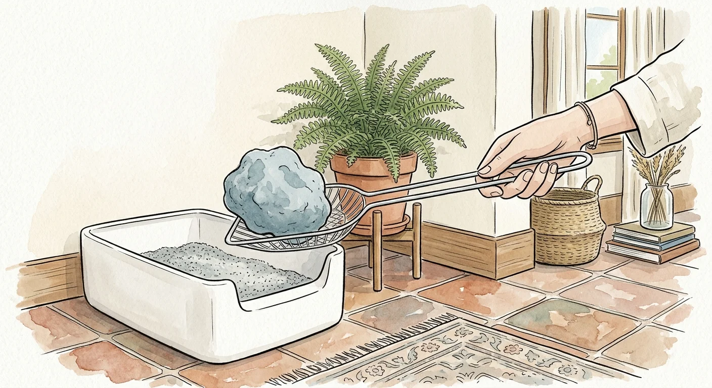An ink and watercolor illustration of a hand scooping a large clay clump from a clean litter box.