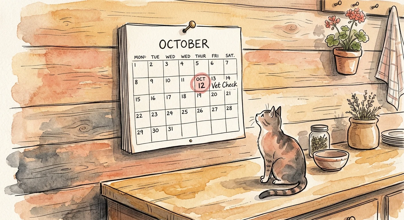An ink and watercolor illustration of a kitchen calendar with a veterinary appointment circled in red.