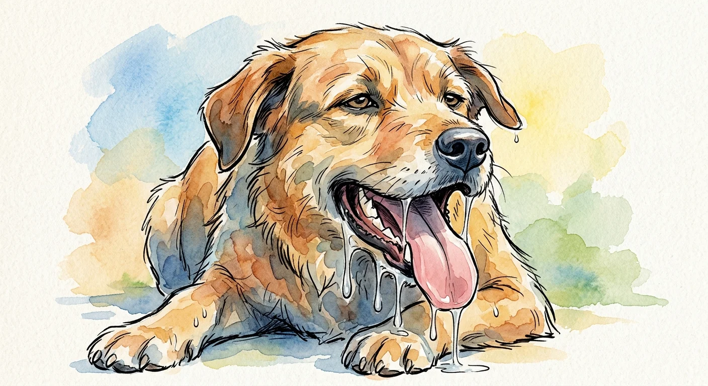 An ink and watercolor illustration of a panting dog with thick drool, demonstrating symptoms of thermal stress.