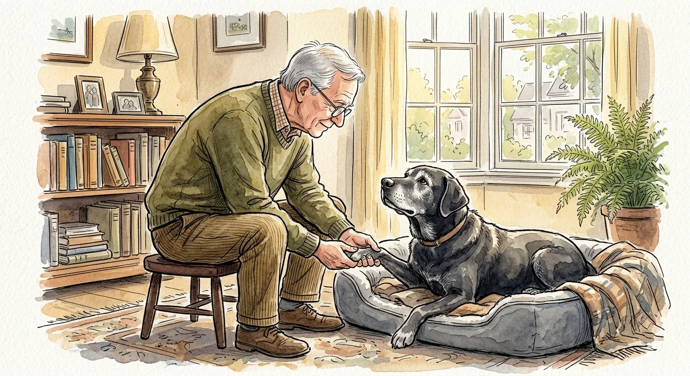 An ink and watercolor illustration of a retired man gently caring for his senior dog on a soft bed in a sunlit living room.